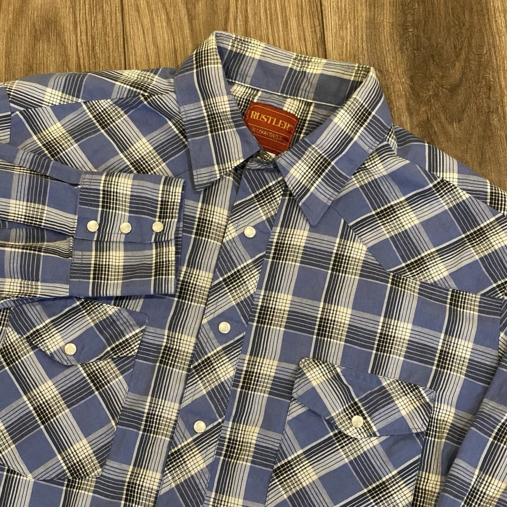 Vintage Rustler Pearl Snap Western Shirt Mens Sz M Gray X-Long Tail Cowboy Rodeo
